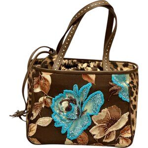 Isabella Fiore Floral Handbag with beading and leopard print lining